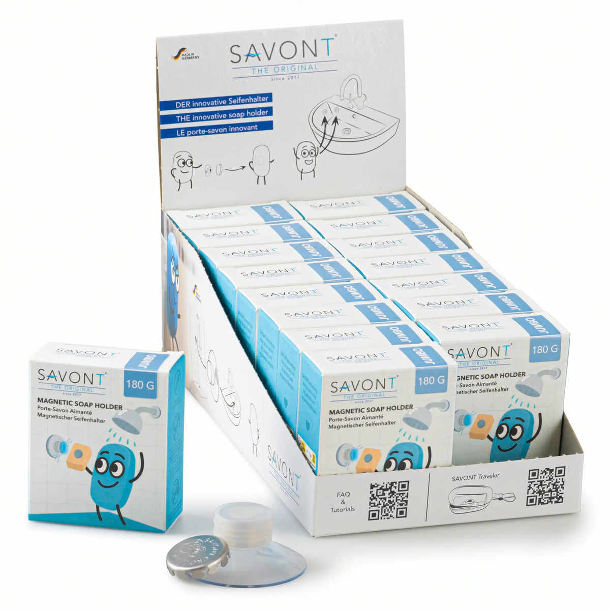SAVONT cardboard display with JUMBO soap holder boxes, one box and a magnetic soap holder in front