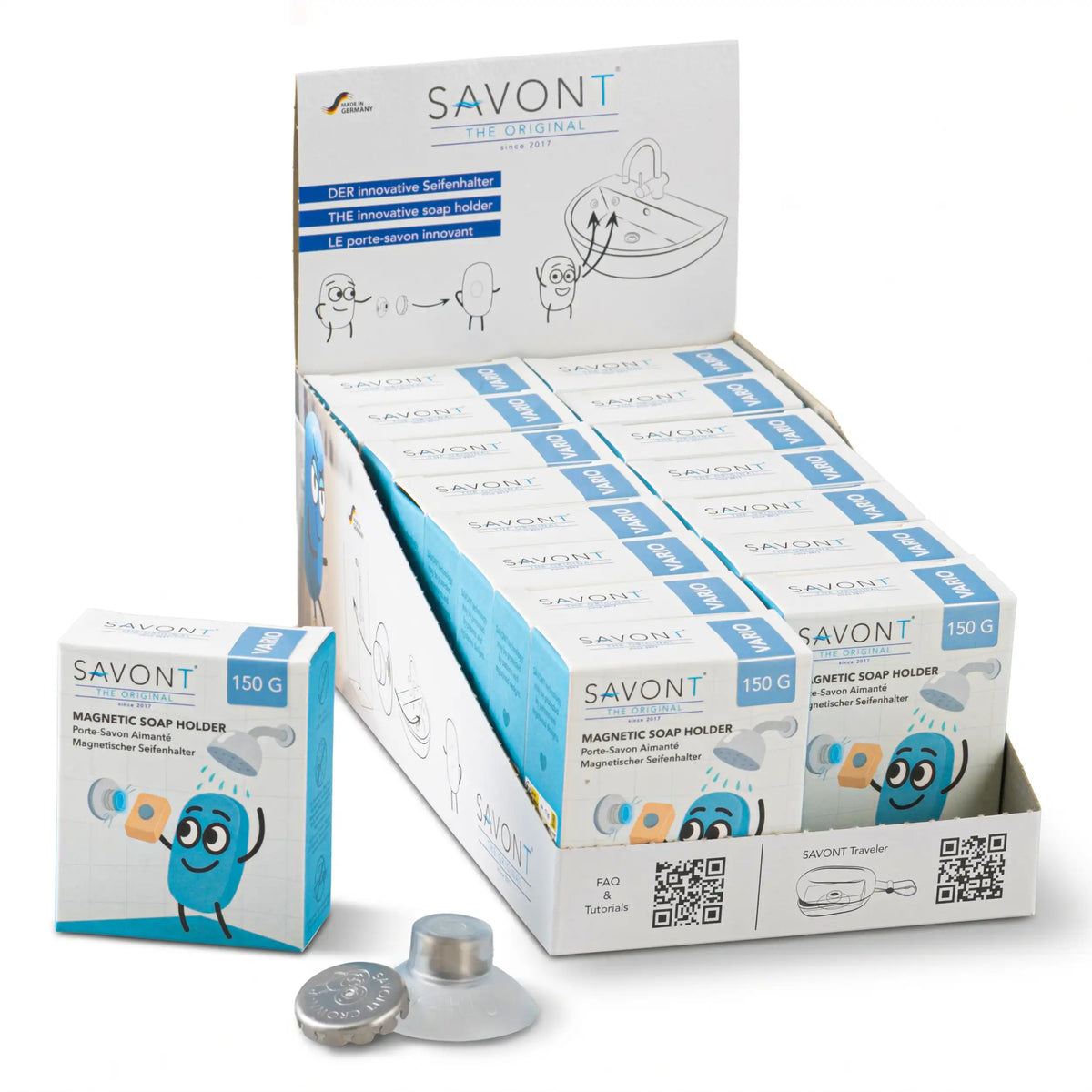 SAVONT cardboard display with VARIO soap holder boxes, one box and a magnetic soap holder in front
