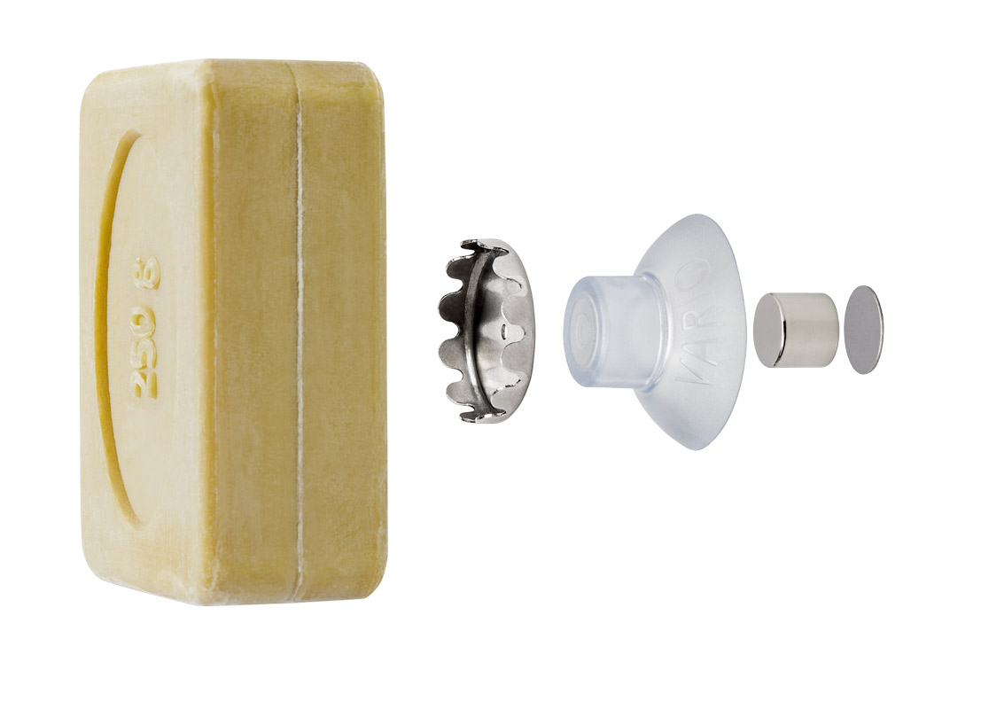 L'aimant du porte-savon aimanté Vario de SAVONT est protégé de l'eau et du savon