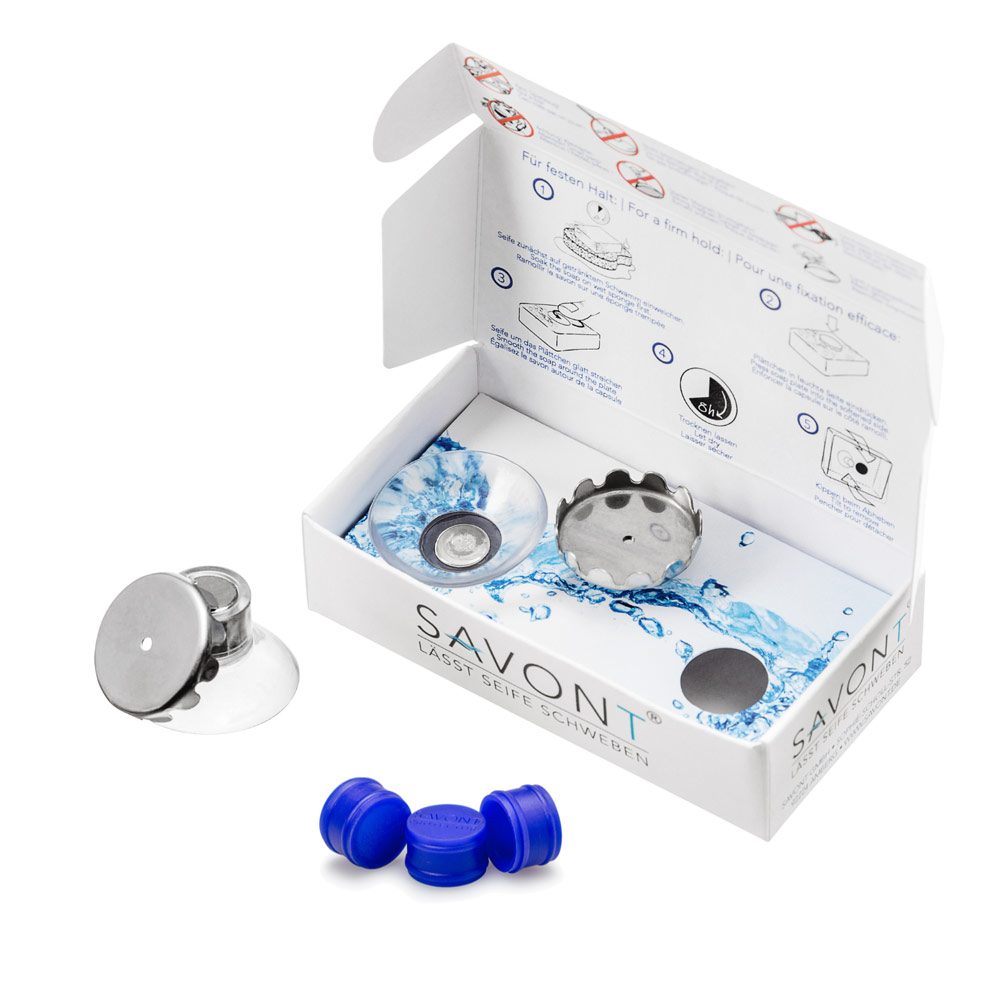 Drei Magnetseifenhalter von SAVONT mit Protectoren in kleiner Geschenkbox