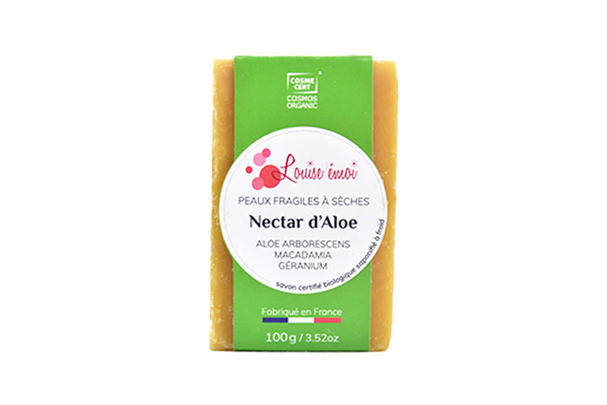 Nectar d\'Aloé (100 g) - Tauchen Sie ein in den erfrischenden Aloe-Nektar dieser Seife, der Ihrer Haut belebende und beruhigende Eigenschaften verleiht.