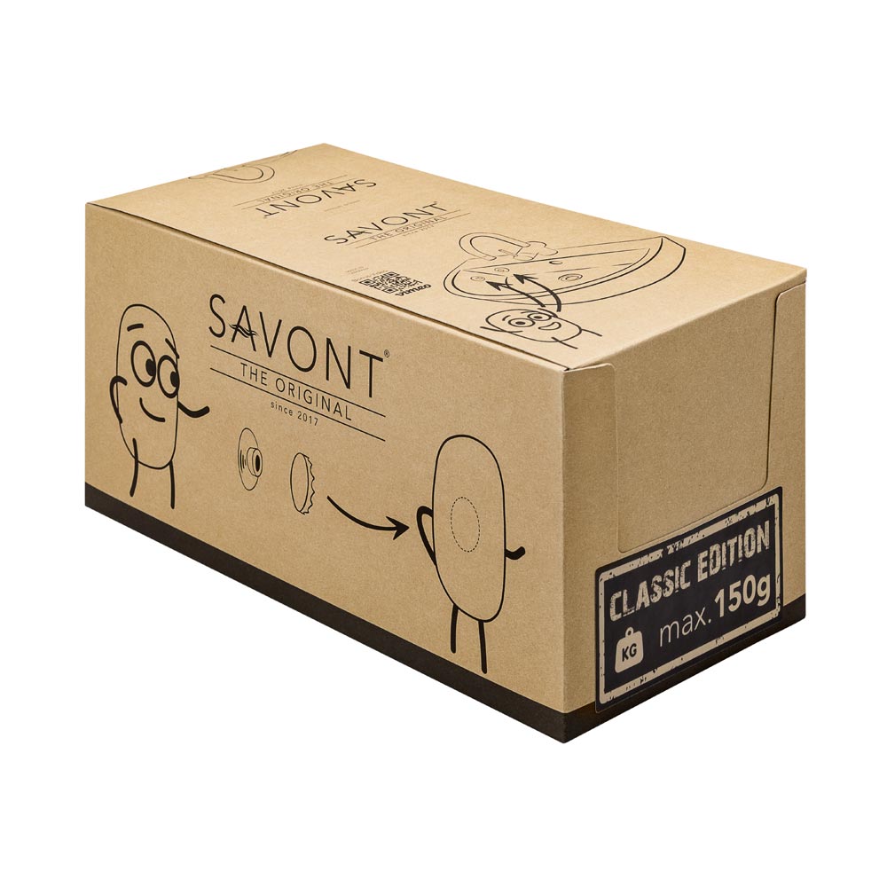 Le présentoir en carton kraft pour les porte-savon aimantés SAVONT peut être fermé