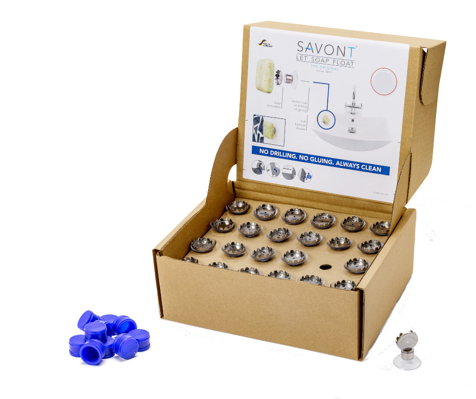 Das Unverpackt Display für 48 Stück Classic Protector Seifenhalter mit Magnet von SAVONT lässt sich verschließen